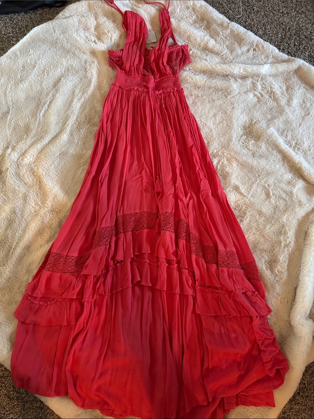 Free People Coral-Red Tiered Ruffle Maxi Dress